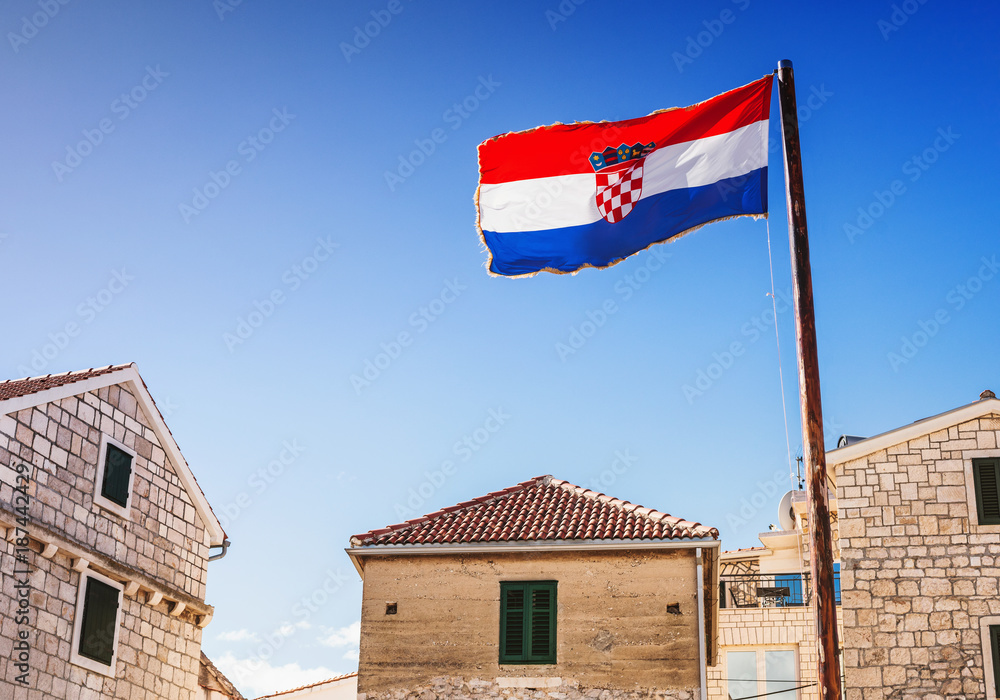 Croatian town and flag of Croatia. Travel tourism concept