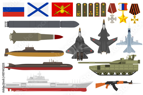 Russian army military vector armored aviation airplanes with weapon armed submarine ship and set of shoulder straps or decoration awards flags illustration isolated on white background