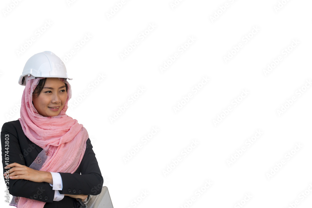 Muslim engineer woman working with safety isolated on white background Muslim engineer woman working with safety isolated on white background