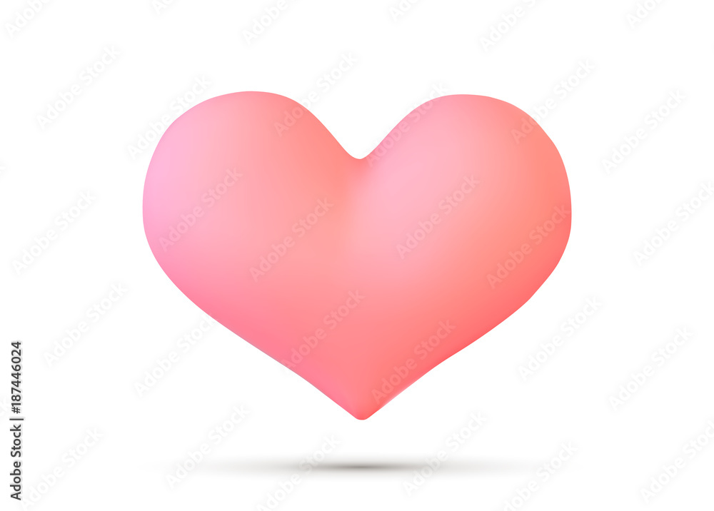 Realistic pink vector valentine heart in 3d style with glare on white background. Vector illustration