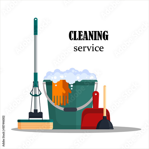 Cleaning service. Colorful set house cleaning tools with bucket, mop, glovers, scoop, toilet plunger isolated on white background. Detergent and disinfectant products, household equipment - flat