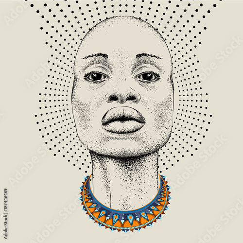 African woman with African in beads, tribal background. Beautiful black woman.  Vector illustration