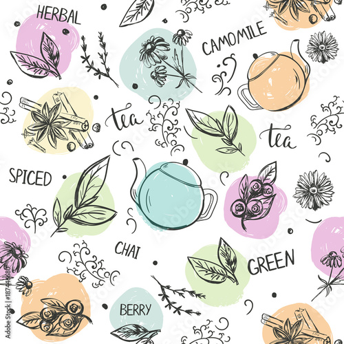 Seamless pattern with hand drawn tea types