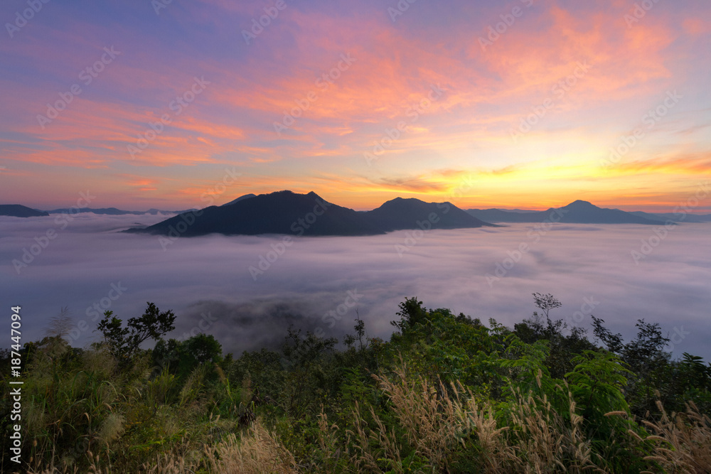 Beautiful sunrise and fog at Phu Tok Mountain at Chiang Khan, loei, Thailand. Dramatic scene. Beauty world.