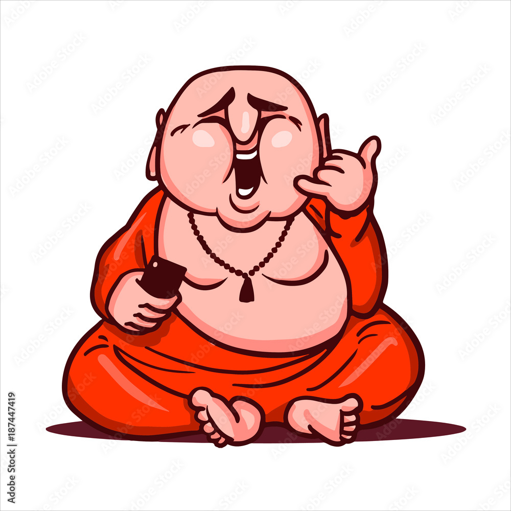 Cartoon vector illustration. Street art work or sticker with funny  character. Happy Buddha sits and laughs, holds a smartphone in his hand and  shows a gesture call me. Stock Vector | Adobe