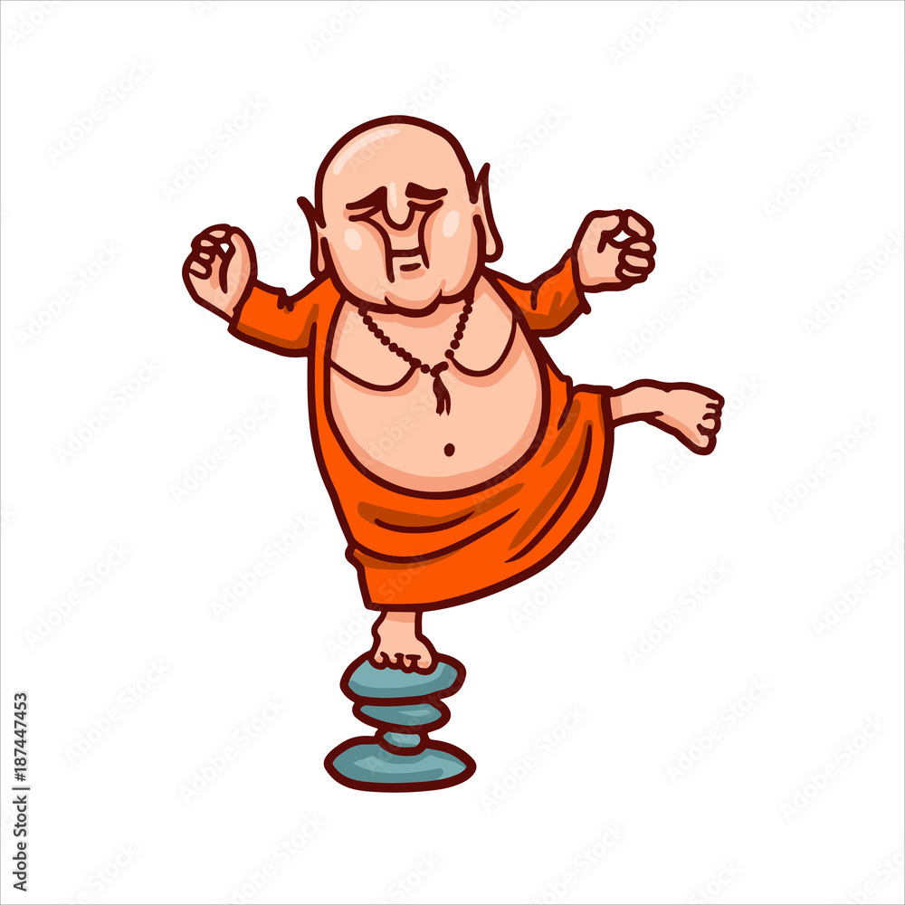 Cartoon illustration. Street art work or sticker with funny character. Fat Buddha meditates with closed eyes and practices yoga balancing on stones. Cartoon illustration. Street art work or sticker with funny character. Fat Buddha meditates with closed eyes and practices yoga balancing on stones.