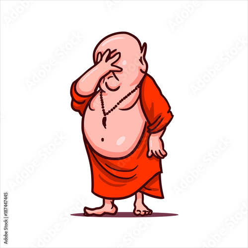 Cartoon vector illustration. Street art work or sticker with funny character. Upset Buddha put his hand to face and closed his eyes. Facepalm gesture.