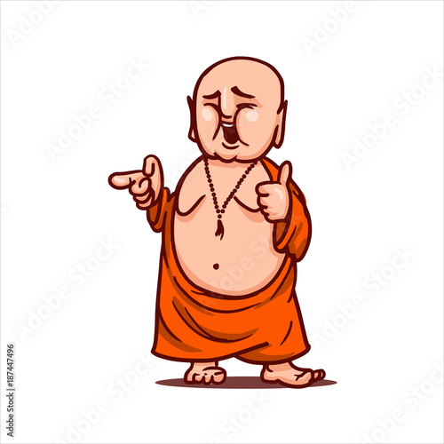 Cartoon illustration. Street art work or sticker with funny character. Smiling Buddha shows thumb up and points to someone.