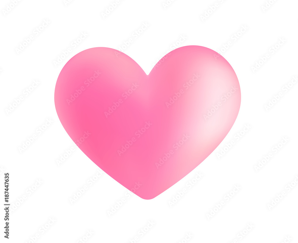 Realistic pink vector valentine heart in 3d style with glare on white background. Vector illustration