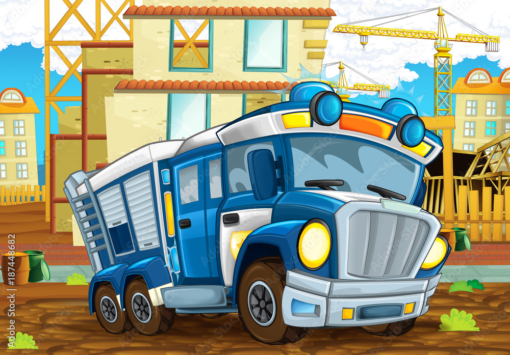 Fototapeta Scena kreskówki z zabawnym patrząc policji samochód jazdy po mieście w pobliżu ilustracji witryny budowy dla dzieci