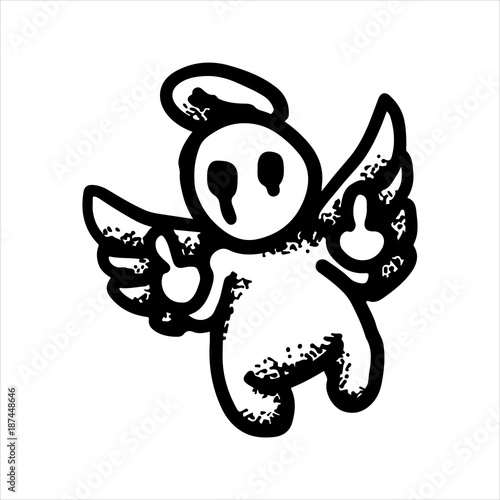 Etched vector illustration. Engraved sticker. Dark humor jokes. Contemporary street art work. Hand drawn sketch of an angel with wings showing gesture "fuck off".