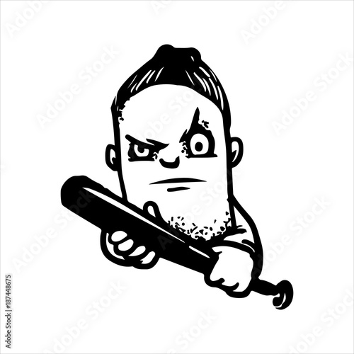 Etched vector illustration. Engraved sticker. Dark humor jokes. Contemporary street art work. Hand drawn sketch of a gangster with a baseball bat.