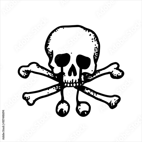 Etched vector illustration. Engraved sticker. Dark humor jokes. Contemporary street art work. Hand drawn sketch of a skull with fallen eyes and crossbones.
