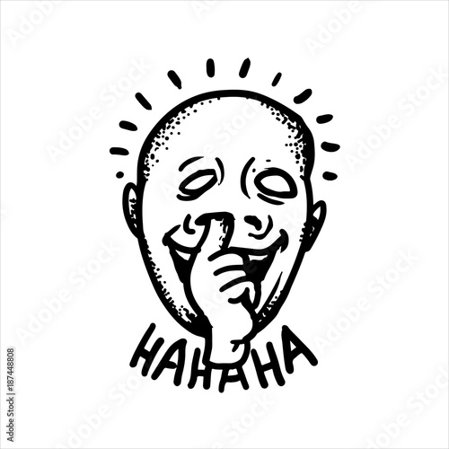 Etched vector illustration. Engraved sticker. Dark humor jokes. Contemporary street art work. Hand drawn sketch of a guy who stuck his finger in his nose and laughs out loud.