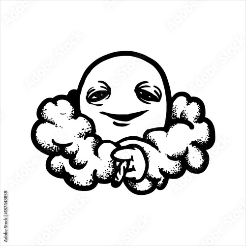 Etched vector illustration. Engraved sticker. Dark humor jokes. Contemporary street art work. Hand drawn sketch of a stoned dude with a joint in hand and in a cloud of smoke.