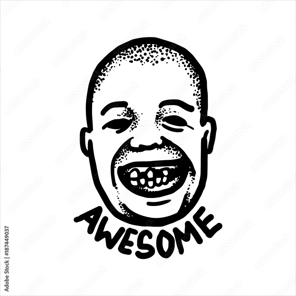 Etched vector illustration. Engraved sticker. Dark humor jokes. Contemporary street art work. Hand drawn sketch of the face of a bald head man with a terrible toothless smile.
