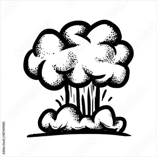 Etched illustration. Engraved sticker. Dark humor jokes. Contemporary street art work. Hand drawn sketch of a large nuclear explosion in the form of a fungus.