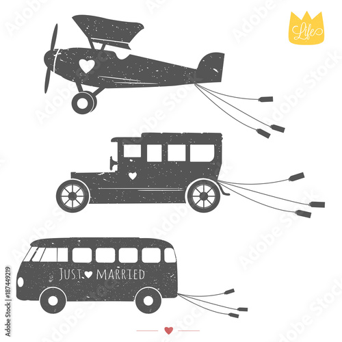 Vector set with vintage wedding aircraft with cans, vintage wedding bus with cans, vintage retro car with cans