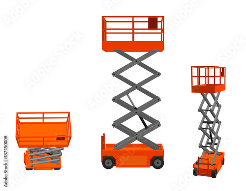 Scissors lift platform. Isolated on white background. 3d Vector illustration. Different viewes.
