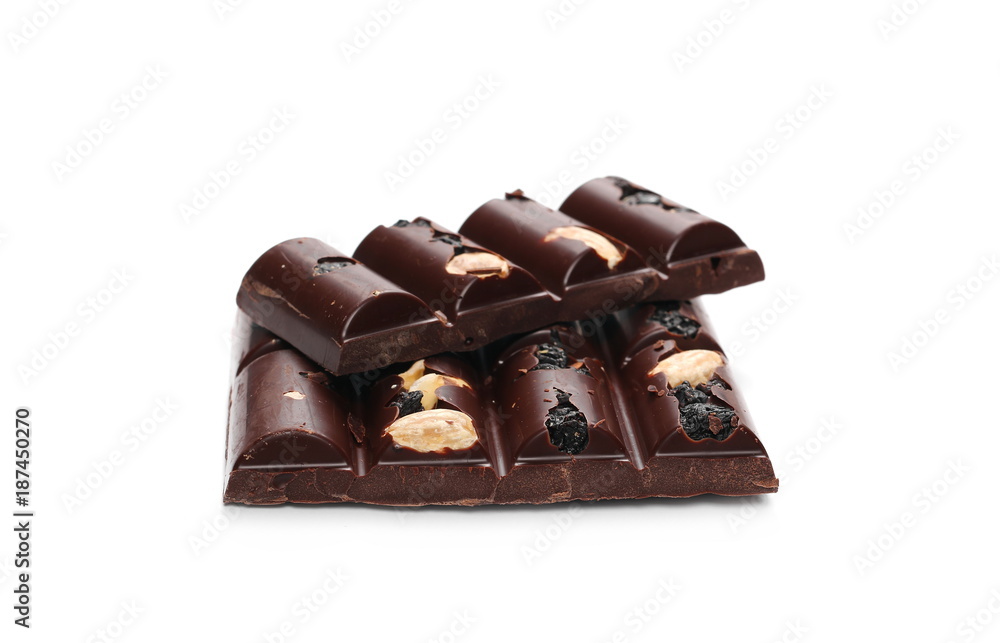 chocolate bars with blueberries, almonds and hazelnuts isolated on white background chocolate bars with blueberries, almonds and hazelnuts isolated on white background