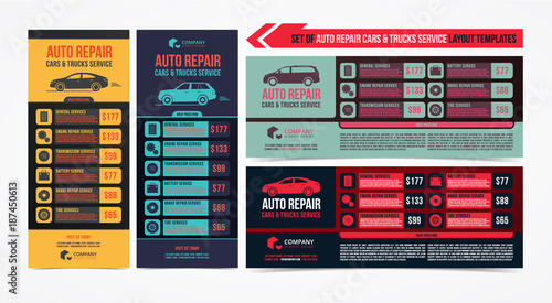 Design of banners. Set of Auto Repair Cars & Trucks Service layout, cars for sale & rent brochure, mockup flyer. Vector illustration.