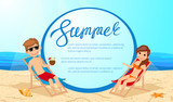 Man and woman sunbathing on the sun loungers on the beach. Summer frame. Vector illustration.