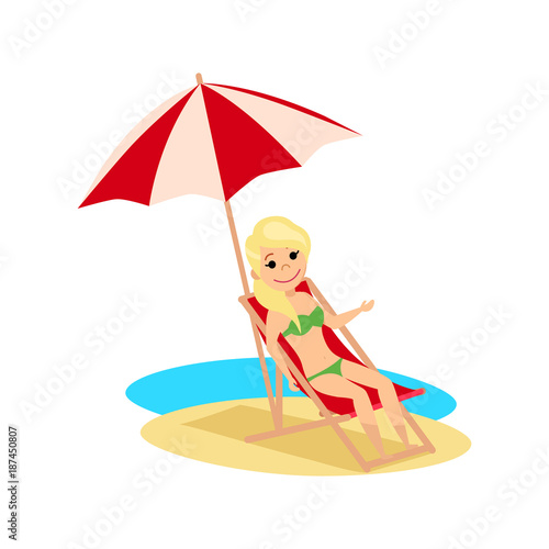 Girl sunbathing on a lounger on the beach. The cartoon style. Vector illustration.