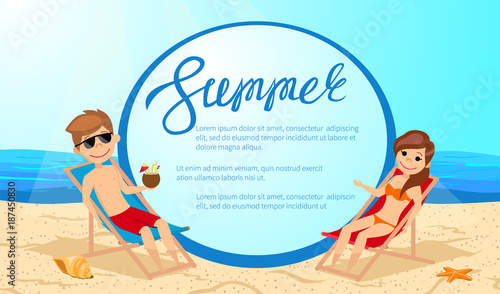 Man and woman sunbathing on the sun loungers on the beach. Summer frame. Vector illustration.