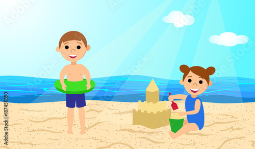 Children on the beach. A girl builds a sand castle. Boy with inflatable circle. Vector illustration.