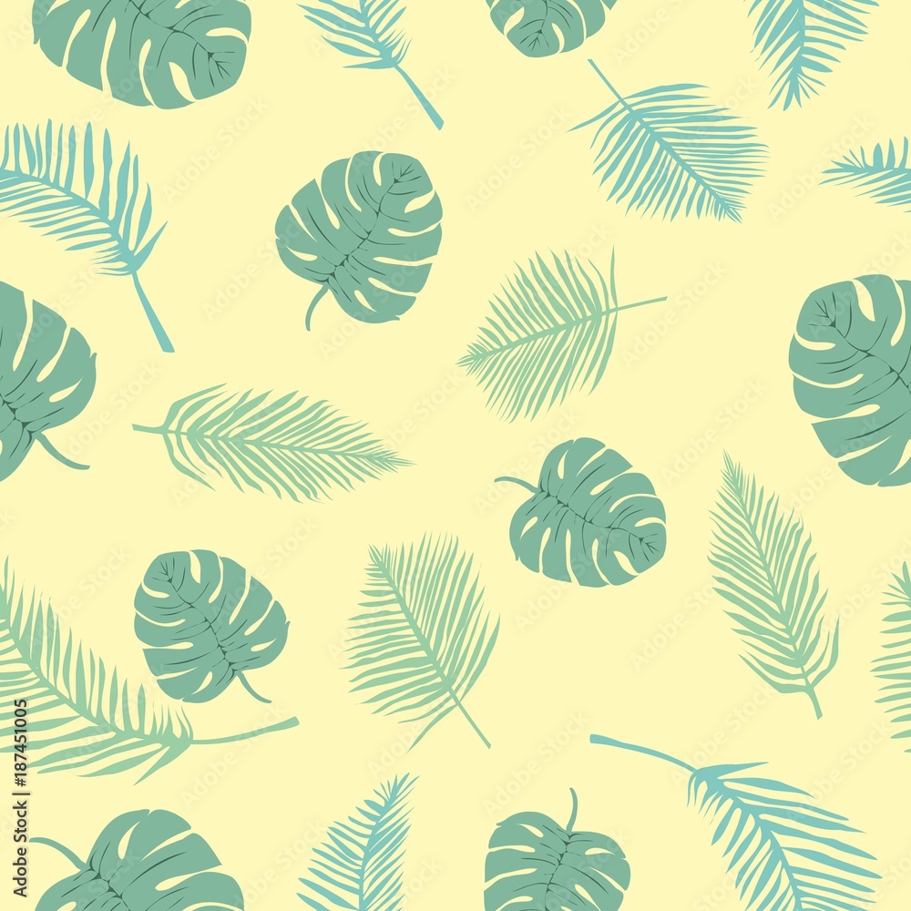 Fototapeta premium Vector tropical seamless pattern with hibiscus flowers and leaves
