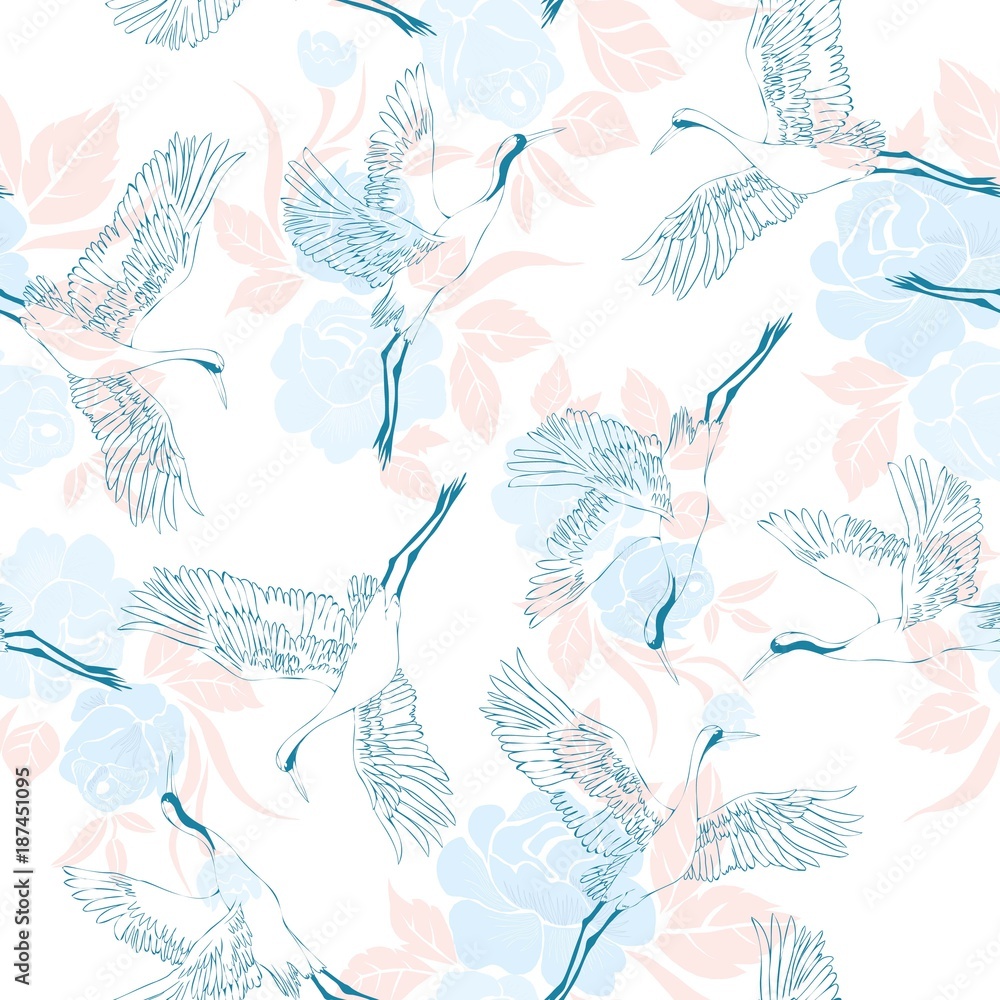 Japanese seamless pattern of birds and water. Traditional vintage fabric print. White and blue indigo background. Kimono design. Monochrome vector illustration.