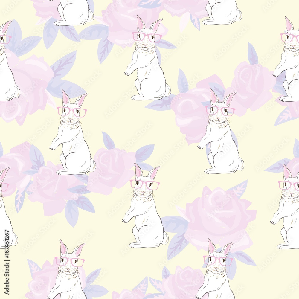 Seamless pattern with cute rabbit baby girl