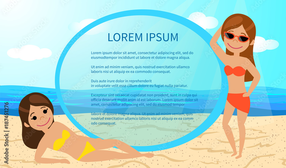 Girls in bikinis sunbathing on the beach. Summer vacation frame. Vector illustration.