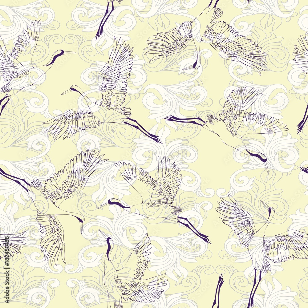 Japanese seamless pattern of birds and water. Traditional vintage fabric print. White and blue indigo background. Kimono design. Monochrome vector illustration. Japanese seamless pattern of birds and water. Traditional vintage fabric print. White and blue indigo background. Kimono design. Monochrome vector illustration.
