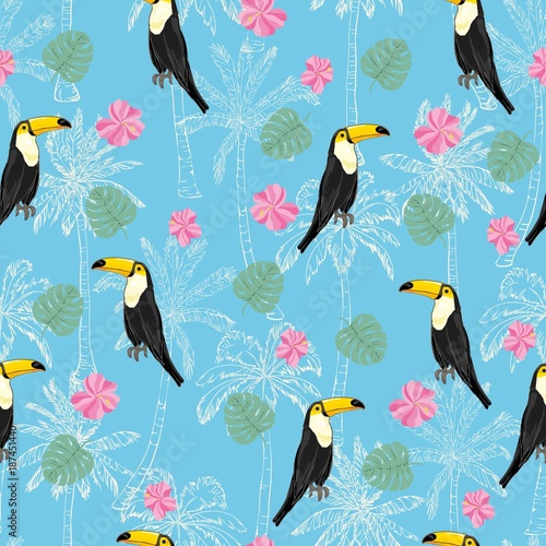 Seamless pattern with hand drawn toucan on white background