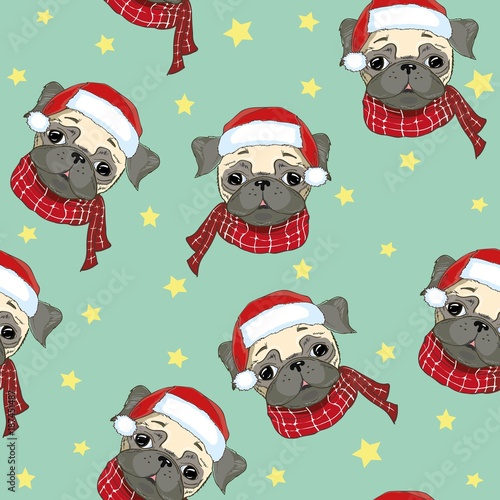Seamless pattern with image of a Funny cartoon pugs puppies on a blue background. Vector illustration. © Vladimir
