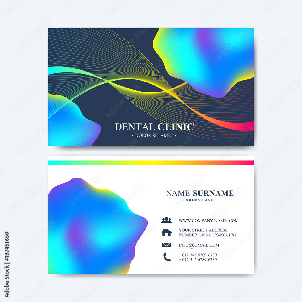 Modern vector template for business card design. Abstract waves fluid 3d shapes trendy liquid colors backgrounds. Colored fluid graphic composition illustration.