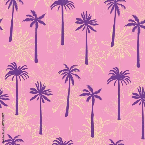 Seamless tropical palms pattern. Summer endless hand drawn vector background of palm trees can be used for wallpaper, wrapping paper, textile printing.Vector illlustration.