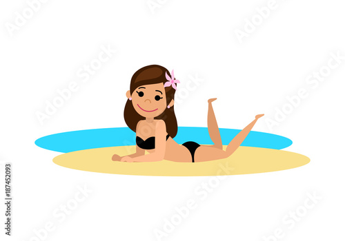 The girl sunbathes on the beach. The woman lies on her stomach on the sand. Cartoon style. Vector illustration.