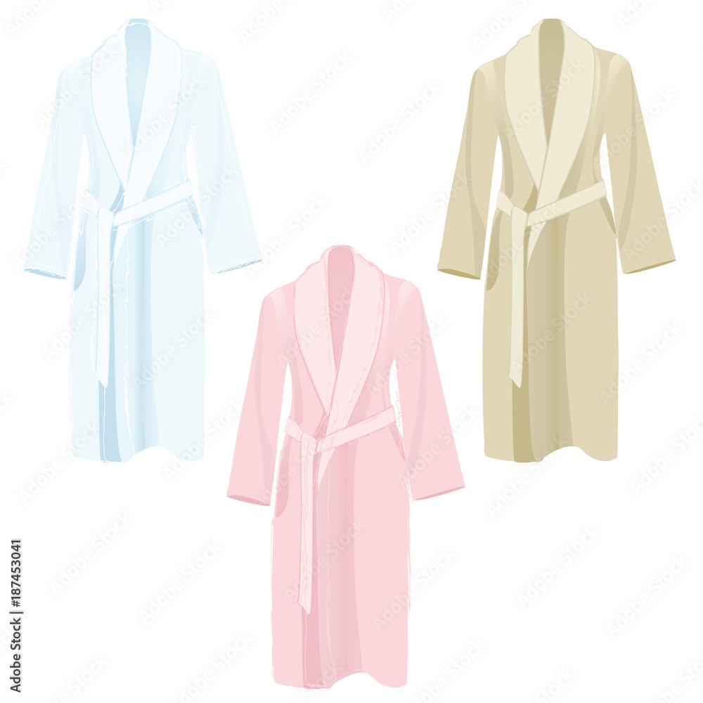 Classic cotton bathrobe with belt. Soft terry robe for sauna, spa, bathing or pool. Vector illustration on white background Classic cotton bathrobe with belt. Soft terry robe for sauna, spa, bathing or pool. Vector illustration on white background