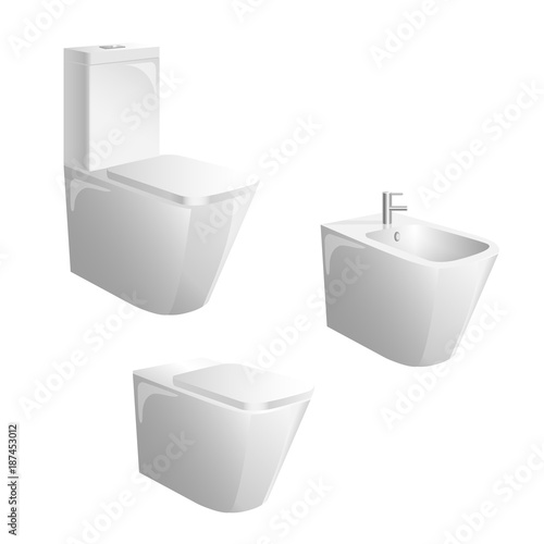 Modern toilet lavatory bowl and bidet. 3d vector illustration isolated on white background