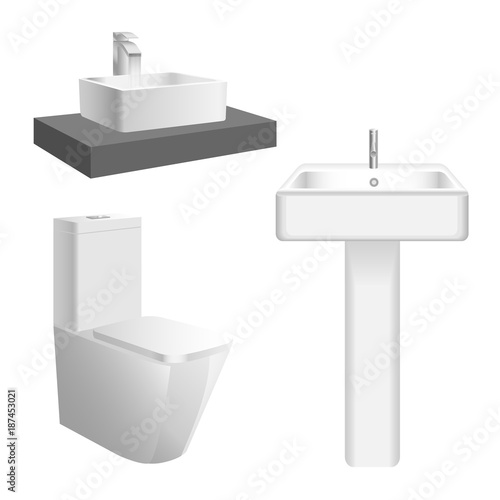 Modern lavatory bow, wash sink, terry towel and sneakers. Bathroom set. Monochrome 3d vector illustration isolated on white background