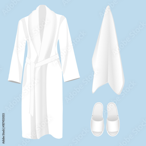 Classic cotton bathrobe with belt, slippers and towel. Soft terry accessories for sauna, spa, bathing or pool. Vector illustration on white background