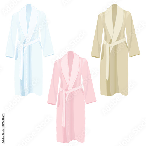 Classic cotton bathrobe with belt. Soft terry robe for sauna, spa, bathing or pool. Vector illustration on white background