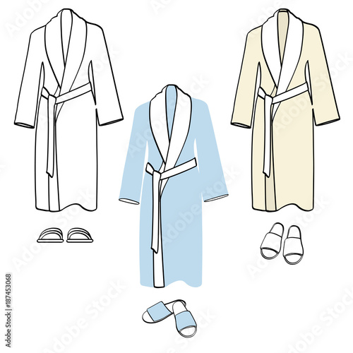 Classic cotton bathrobe with belt. Soft terry robe for sauna, spa, bathing or pool. Vector illustration on white background