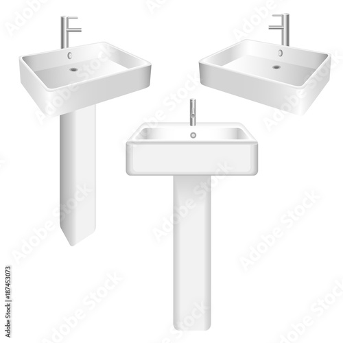 Modern bathroom wash sink set. Monochrome 3d vector illustration isolated on white background