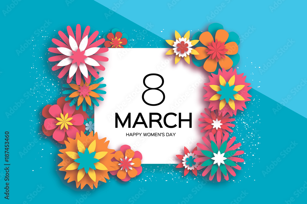 8 March. Colorful Happy Women's Day. Trendy Mother's Day. Paper cut Floral Greeting card. Origami flower. Text. Square frame. Spring blossom. Seasonal holiday on sky blue. Modern paper decoration.