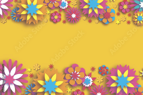 Colorful Floral Card. Paper cut Flowers Composition. Origami Daisy Rose flower. Text. Spring Peony blossom. Seasonal holiday on yellow. Modern paper decoration.