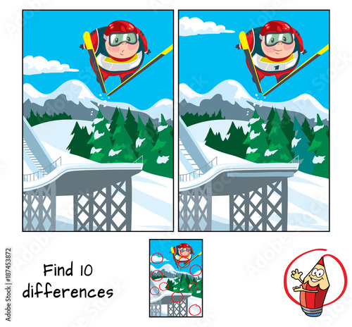 Ski jumping. Find 10 differences. Educational game for children. Cartoon vector illustration