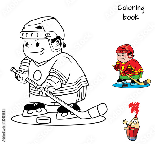 Hockey player. Coloring book. Cartoon vector illustration